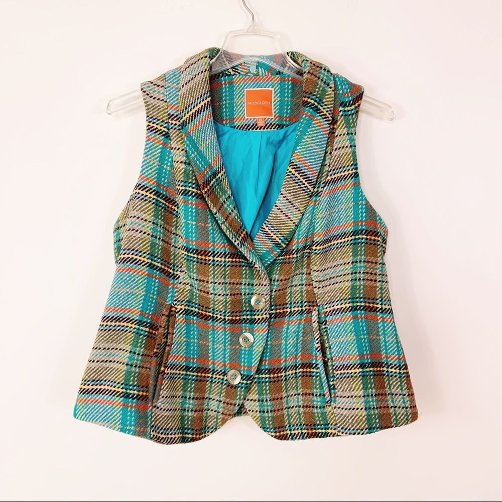 MODCLOTH Tweed Checker Vest Brown Blue 1X